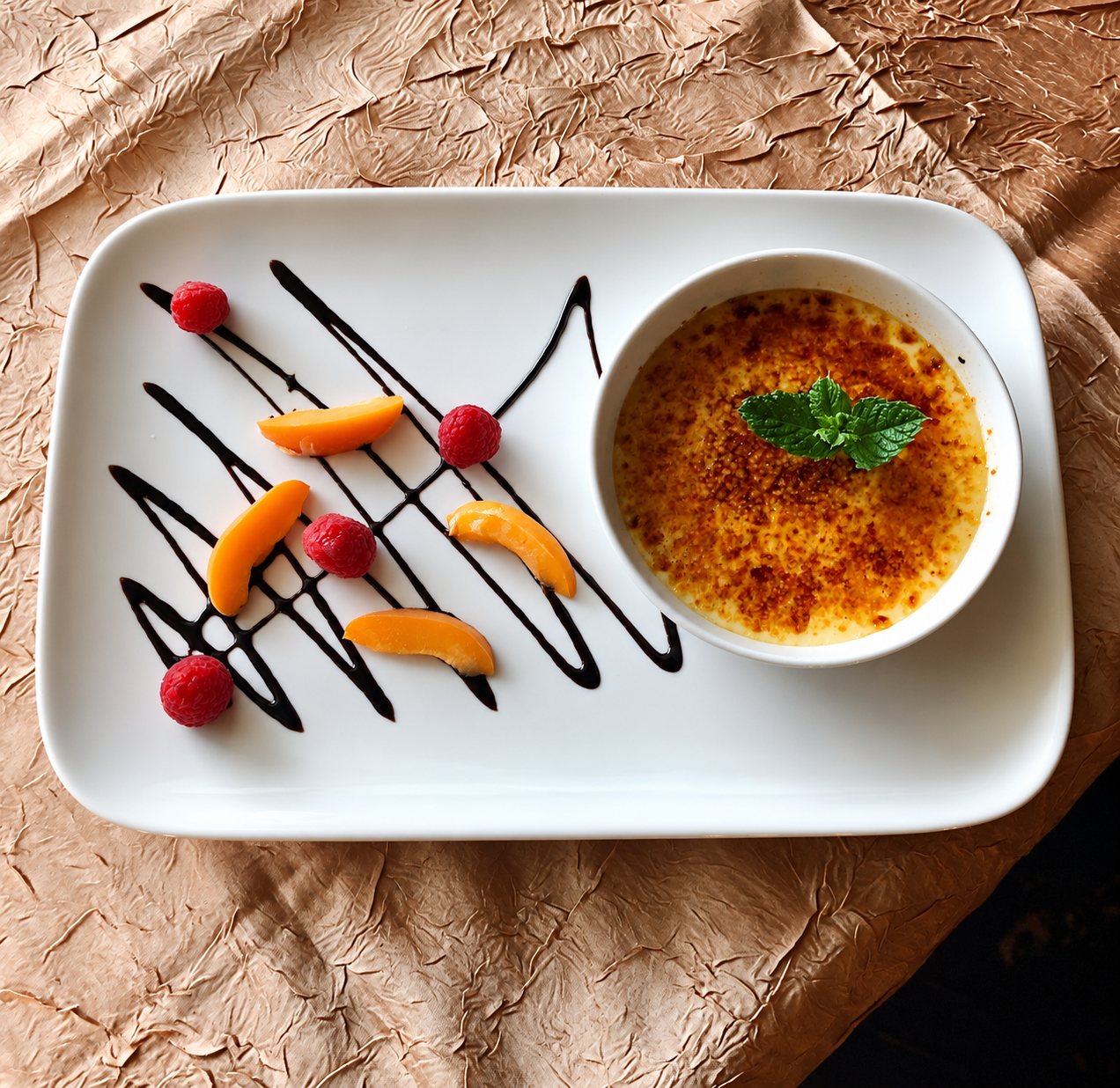 Une crème brûlée décorée d'une feuille de menthe, servie dans un ramequin blanc sur une assiette rectangulaire avec framboises, quartiers d'abricot et traits de sirop chocolaté.